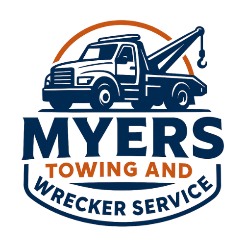 Myers Towing and Wrecker Service logo with blue tow truck